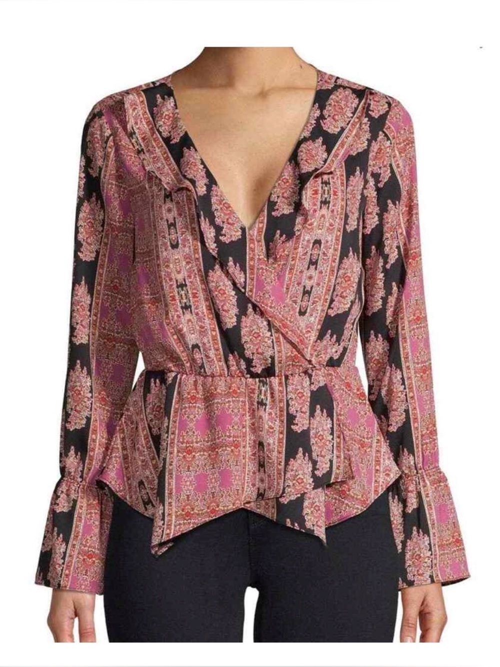 BCBG MAXAZRIA Boho Pink Paisley Wrap Peplum Blouse